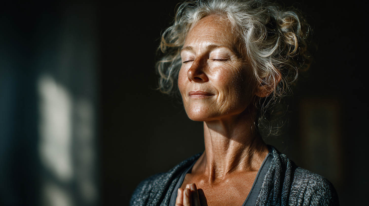 Інструктор йоги демонструє вправу групі людей зрілого віку